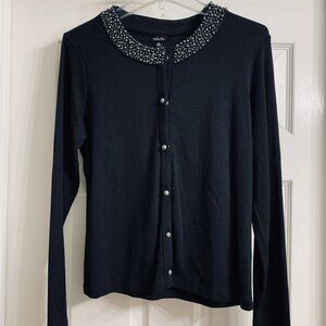 Rafaella Brand Women's Black Sweater with Black Pearl Collar, Size M